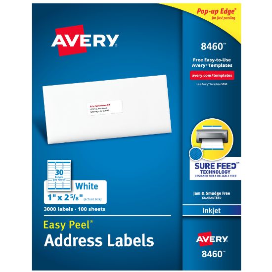 Picture of Avery Easy Peel White Inkjet Address Labels, 8460, 1in x 2 5/8in, Box Of 3,000