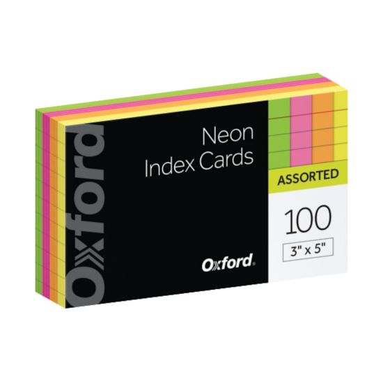 Picture of Oxford Neon Index Cards, 3in x 5in, Ruled, Assorted Colors, 100 Per Pack