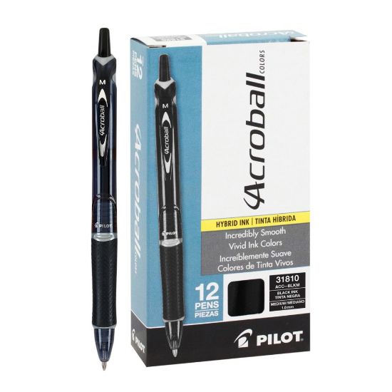 Picture of Pilot Acroball Colors Retractable Advanced Ink Pens, Medium Point, 1.0 mm, Black Barrel, Black Ink, Pack of 12 Pens