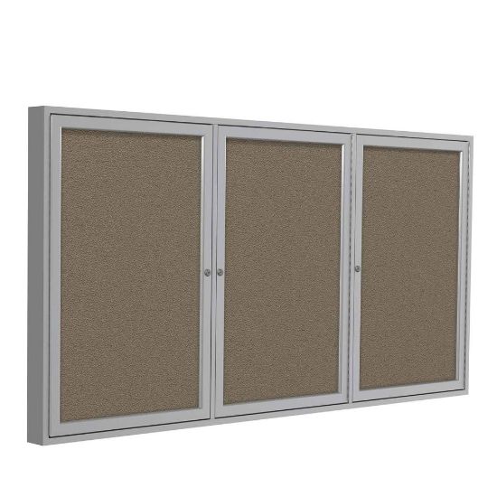 Picture of Ghent 3 Door Enclosed Fabric Bulletin Board, Satin Aluminum Frame, 48inH x 96inW, Taupe