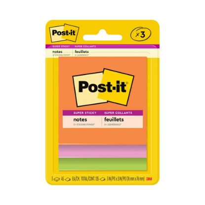 Picture of Post-it Super Sticky Notes, 3 in x 3 in, 3 Pads, 45 Sheets/Pad, 2x the Sticking Power, Energy Boost Collection