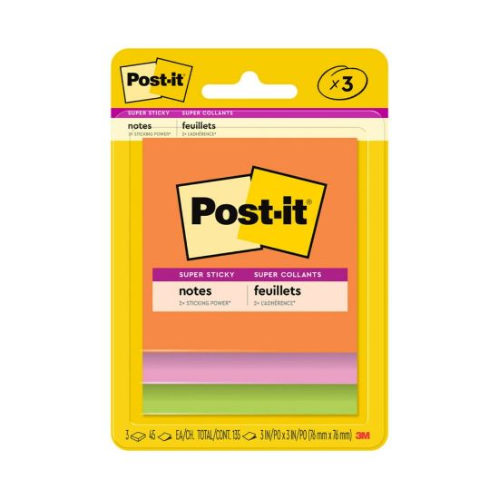 Picture of Post-it Super Sticky Notes, 3 in x 3 in, 3 Pads, 45 Sheets/Pad, 2x the Sticking Power, Energy Boost Collection