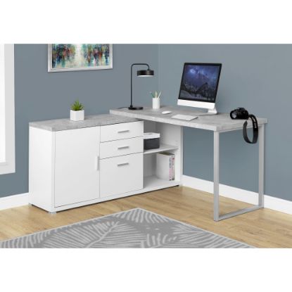 Picture of Monarch Specialties 71inW L-Shaped Corner Desk With Cabinet, Gray Cement/White