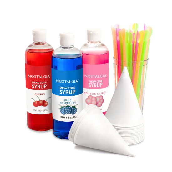 Picture of Nostalgia Electrics Premium 16 Oz Snow Cone Syrups, Cups and Spoon-Straws Party Kit