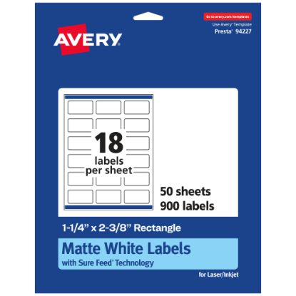 Picture of Avery Permanent Labels With Sure Feed, 94227-WMP50, Rectangle, 1-1/4in x 2-3/8in, White, Pack Of 900