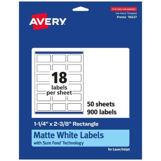 Picture of Avery Permanent Labels With Sure Feed, 94227-WMP50, Rectangle, 1-1/4in x 2-3/8in, White, Pack Of 900