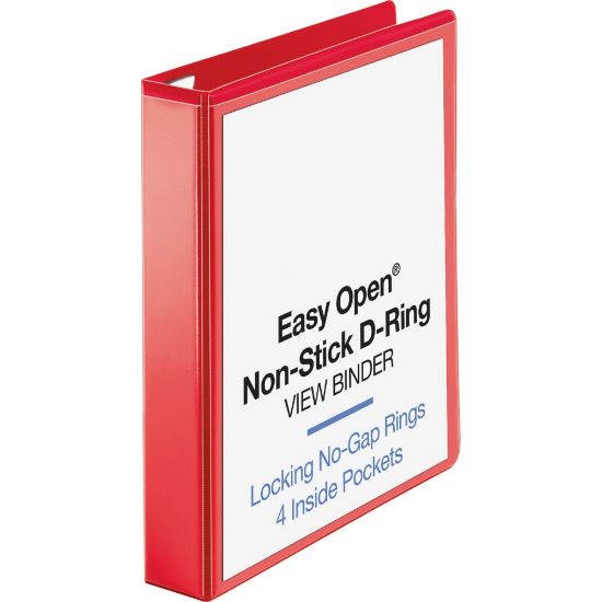 Picture of Business Source Red D-ring Binder - 1 1/2in Binder Capacity - Letter - 8 1/2in x 11in Sheet Size - D-Ring Fastener(s) - 4 Pocket(s) - Polypropylene - Red - Non-stick, Clear Overlay, Ink-transfer Resistant, Labeling Area - 1 Each