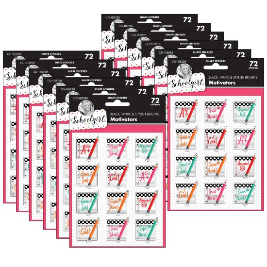 Picture of Carson Dellosa Education Motivational Stickers, Black, White & Stylish Brights Motivators, 72 Stickers Per Pack, Set Of 12 Packs