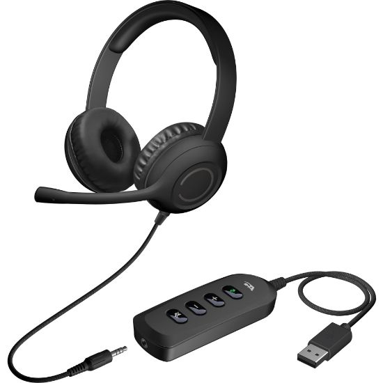 Picture of Cyber Acoustics Stereo Headset with USB & 3.5mm - Stereo - Mini-phone (3.5mm), USB Type A - Wired - 20 Hz - 20 kHz - Over-the-head - Binaural - Circumaural - 5 ft Cable - Noise Cancelling, Uni-directional Microphone - Black