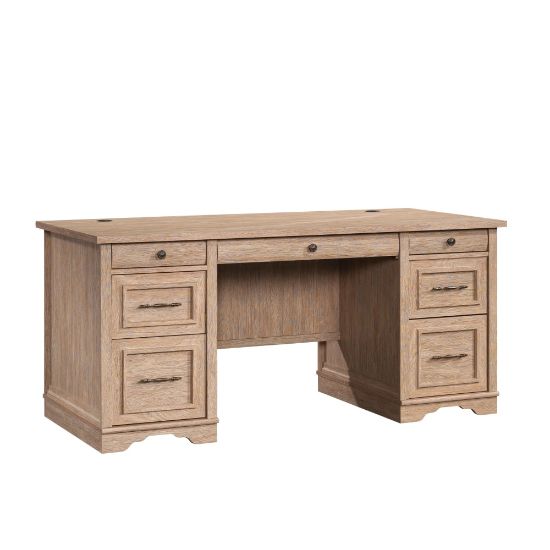 Picture of Sauder Rollingwood 66inW Double-Pedestal Executive Computer Desk With Filing Drawers, Brushed Oak