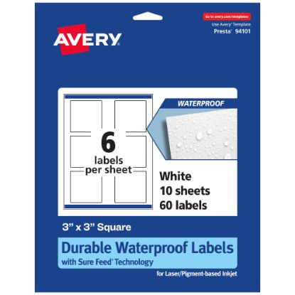 Picture of Avery Waterproof Permanent Labels With Sure Feed, 94101-WMF10, Square, 3in x 3in, White, Pack Of 60