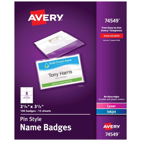 Picture of Avery Customizable Name Badges With Pins, 74549, 2-1/4in x 3-1/2in, Clear Name Tag Holders With White Printable Inserts, Pack of 100