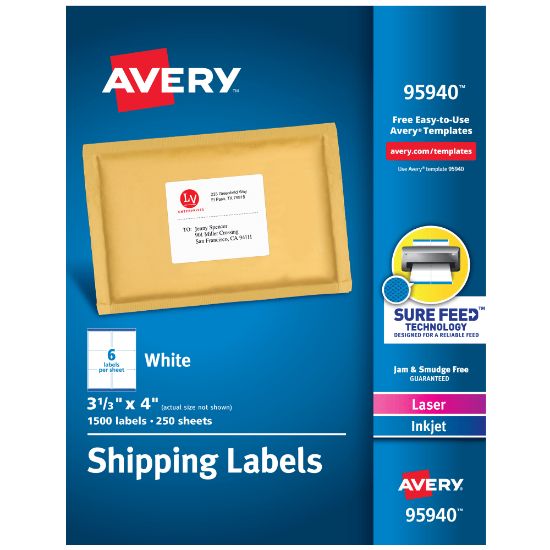 Picture of Avery Shipping Labels With Sure Feed Technology, 95940, Rectangle, 3-1/3in x 4in, White, Pack Of 1,500 Labels