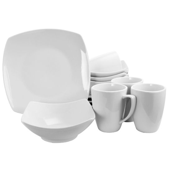 Picture of Gibson Home Zen Buffetware 12-Piece Square Dinnerware Set (Four 10-3/4in Dinner Plates, Four 8in Bowls, Four 12 Oz Mugs), White