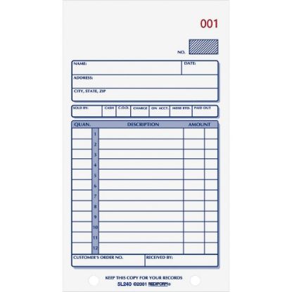 Picture of Rediform Carbonless 2-part Sales Book Forms - 50 Sheet(s) - Stapled - 2 Part - Carbonless Copy - 3 3/8in x 6 5/8in Sheet Size - 2 x Holes - Assorted Sheet(s) - Blue Print Color - 1 Each