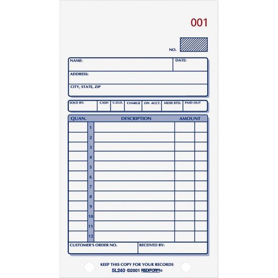 Picture of Rediform Carbonless 2-part Sales Book Forms - 50 Sheet(s) - Stapled - 2 Part - Carbonless Copy - 3 3/8in x 6 5/8in Sheet Size - 2 x Holes - Assorted Sheet(s) - Blue Print Color - 1 Each