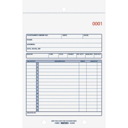 Picture of Rediform 3-Part Carbonless Sales Form - 50 Sheet(s) - Stapled - 3 PartCarbonless Copy - 5 1/2in x 7 7/8in Sheet Size - 2 x Holes - White, Yellow, Pink Sheet(s) - Blue Print Color - 1 Each