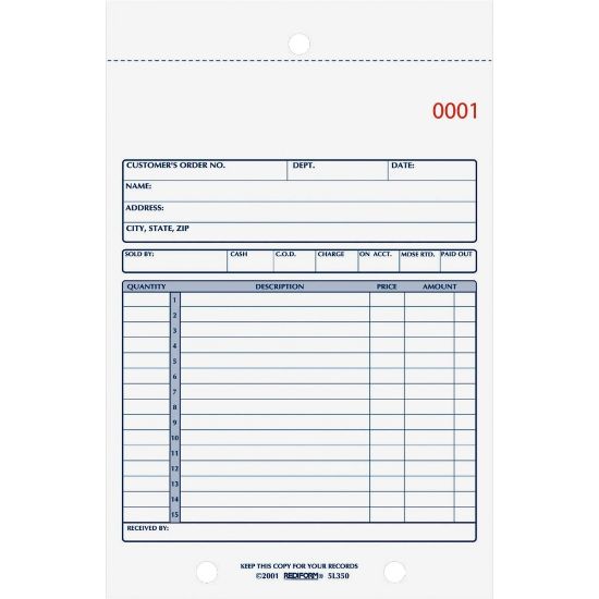 Picture of Rediform 3-Part Carbonless Sales Form - 50 Sheet(s) - Stapled - 3 PartCarbonless Copy - 5 1/2in x 7 7/8in Sheet Size - 2 x Holes - White, Yellow, Pink Sheet(s) - Blue Print Color - 1 Each