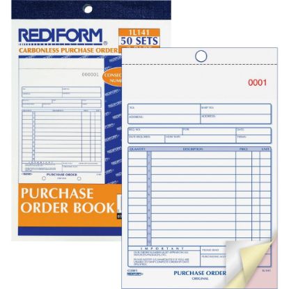 Picture of Rediform 3-Part Carbonless Purchase Order Book - 50 Sheet(s) - 3 PartCarbonless Copy - 5.50in x 7.87in Sheet Size - White, Canary, Pink - Blue Print Color - 1 Each