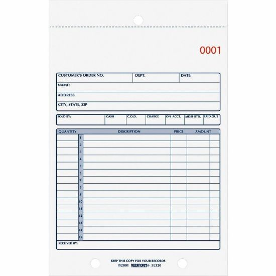 Picture of Rediform 2-Part Carbonless Sales Forms - 50 Sheet(s) - Stapled - 2 PartCarbonless Copy - 5.50in x 7.87in Sheet Size - 2 x Holes - Assorted Sheet(s) - Blue Print Color - 1 Each