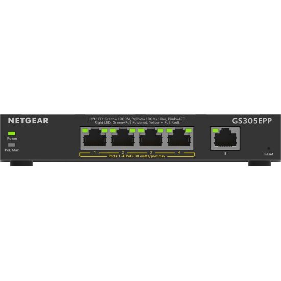 Picture of Netgear GS305EPP Ethernet Switch - 5 Ports - Manageable - 2 Layer Supported - 120 W PoE Budget - Twisted Pair - PoE Ports - Desktop, Wall Mountable - 5 Year Limited Warranty