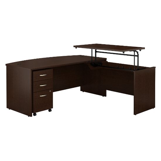 Picture of Bush Business Furniture Components 72inW 3 Position Bow Front Sit to Stand L Shaped Desk with Mobile File Cabinet, Mocha Cherry, Standard Delivery