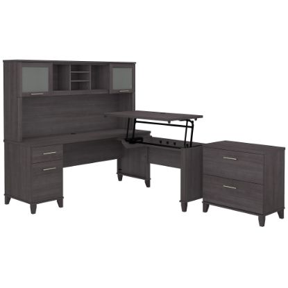 Picture of Bush Furniture Somerset 72inW 3-Position Sit-To-Stand L-Shaped Desk With Hutch And File Cabinet, Storm Gray, Standard Delivery