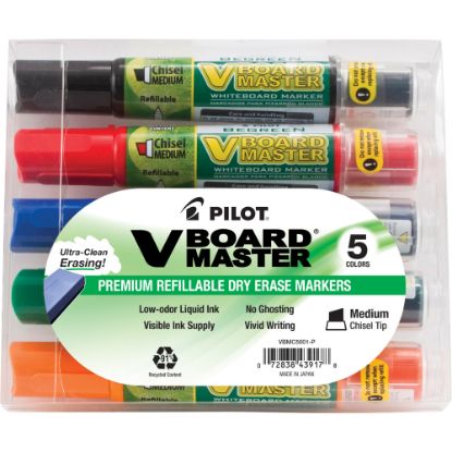 Picture of Pilot VBoard Master BeGreen Dry-Erase Markers, Chisel Point, 93% Recycled, Assorted inks, Pack of 5 Markers