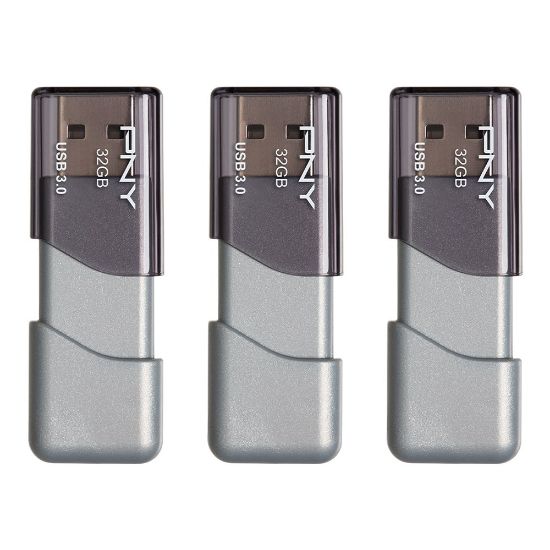 Picture of PNY Turbo Attache 3 USB 3.0 Flash Drives, 32GB, Silver, Pack Of 3 Drives