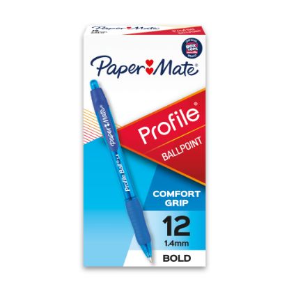 Picture of Paper Mate Profile Retractable Ballpoint Pens, Bold Point, 1.4 mm, Translucent Barrel, Blue Ink, Pack Of 12