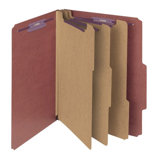 Picture of Smead Pressboard Classification Folders With SafeSHIELD Fasteners, 3 Dividers, 3in Expansion, Letter Size, 100% Recycled, Red, Box Of 10