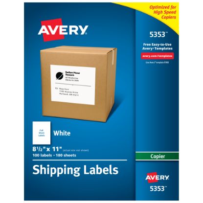 Picture of Avery Shipping Labels For Copiers, 5353, 8-1/2in x 11in, White, Pack Of 100