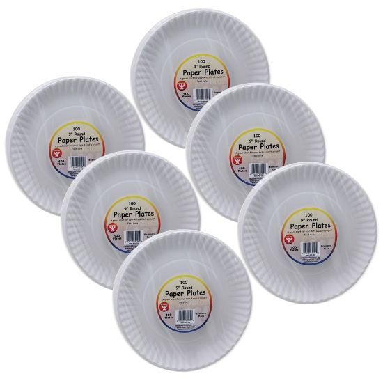 Picture of Hygloss Paper Plates, 9in, White, 100 Plates Per Pack, Set Of 6 Packs