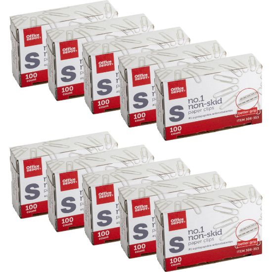 Picture of Office Depot Brand Non-Skid Paper Clips, No. 1, Small, Silver, Pack Of 10 Boxes, 100 Per Box, 1000 Total