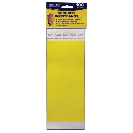 Picture of C-Line DuPont Tyvek Security Wristbands, 3/4in x 10in, Yellow, 100 Wristbands Per Pack, Set Of 2 Packs