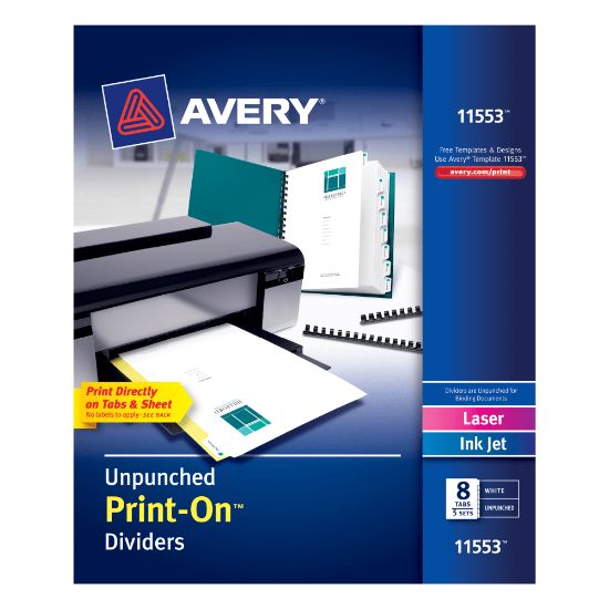 Picture of Avery Print-On Dividers, 8 1/2in x 11in, Unpunched, 8-Tab, White Dividers/White Tabs, Pack Of 5 Sets