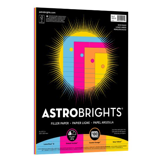 Picture of Astrobrights Filler Paper, 8in x 10 1/2in, Wide Ruled, 20 Lb, FSC Certified, Assorted Colors, Pack Of 100 Sheets