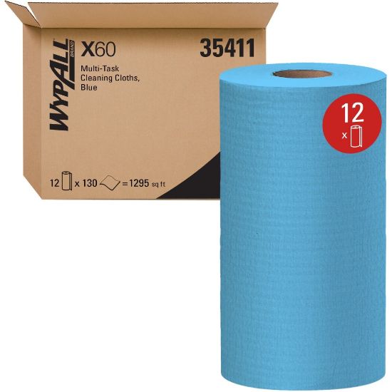 Picture of Wypall General Clean X60 Multi-Task Cleaning Cloths - 12.20in Length x 9.80in Width - 130 / Roll - 12 / Carton - Absorbent, Reinforced, Strong, Perforated, Durable, Reusable, Residue-free, Sturdy - Blue