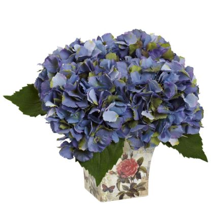 Picture of Nearly Natural Hydrangea Silk 9inH Plastic Floral Arrangement With Planter, 9inH x 11inW x 11inD, Blue