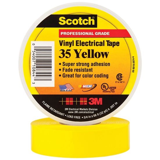 Picture of 3M 35 Color-Coded Vinyl Electrical Tape, 1.5in Core, 0.75in x 66ft, Yellow, Pack Of 10