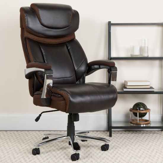 Picture of Flash Furniture Hercules Big & Tall Ergonomic LeatherSoft Faux Leather Office Chair With Height-Adjustable Headrest, Brown/Gray