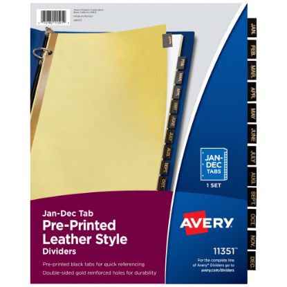 Picture of Avery Jan-Dec Dividers For 3 Ring Binders, 8-1/2in x 11in, 12-Tab Set, Pre-Printed Black Leatherette Tabs, 1 Binder Divider Set (11351)