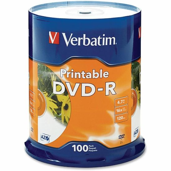 Picture of Verbatim Inkjet Printable DVD-R Spindle, White, Pack Of 100