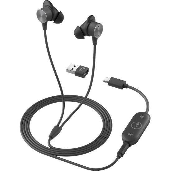 Picture of Logitech Zone Wired Earbuds - Stereo - Mini-phone (3.5mm), USB Type A, USB Type C - Wired - 16 Ohm - 20 Hz - 16 kHz - Earbud - Binaural - In-ear - 4.80 ft Cable - Noise Cancelling, Omni-directional, MEMS Technology Microphone - Graphite