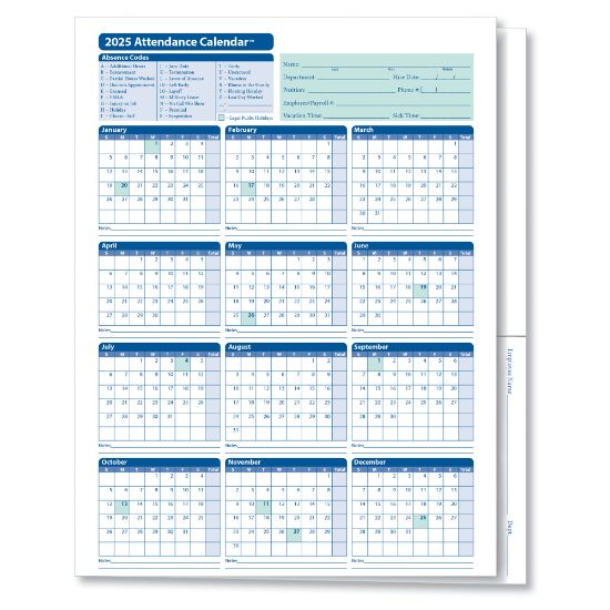 Picture of ComplyRight 2025 Attendance Calendar Folders, 9 3/8in x 11 3/4in, White, Pack Of 25