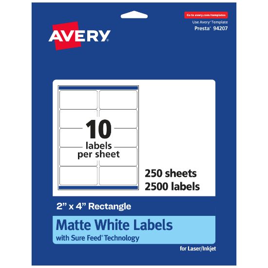 Picture of Avery Permanent Labels With Sure Feed, 94207-WMP250, Rectangle, 2in x 4in, White, Pack Of 2,500