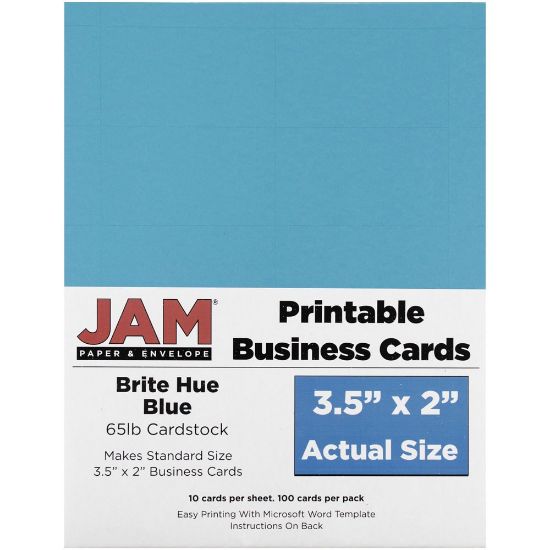 Picture of JAM Paper Printable Business Cards, 3 1/2in x 2in, Blue, 10 Cards Per Sheet, Pack Of 10 Sheets