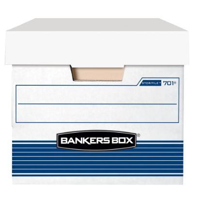 Picture of Bankers Box Stor/File Medium-Duty Storage Boxes With Locking Lift-Off Lids And Built-In Handles, Letter Size, 24in x 12in x 10in, 60% Recycled, White/Blue, Case Of 12