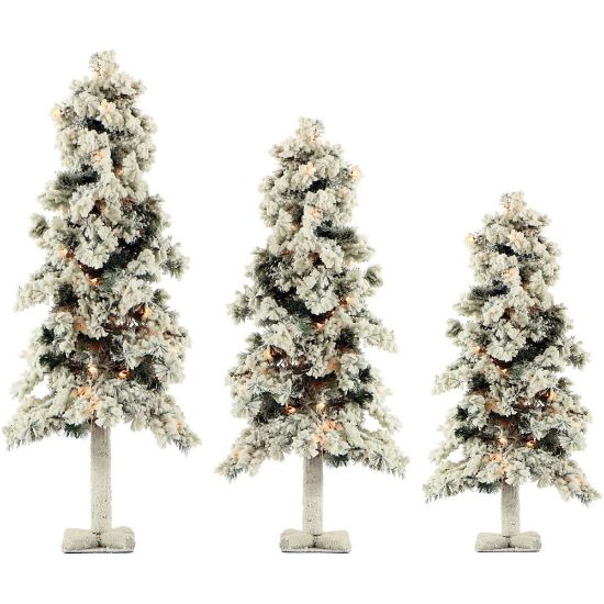 Picture of Fraser Hill Farm Snowy Alpine Tree Set With Clear Lights, 2ft, 3ft, and 4ft, Set of 3