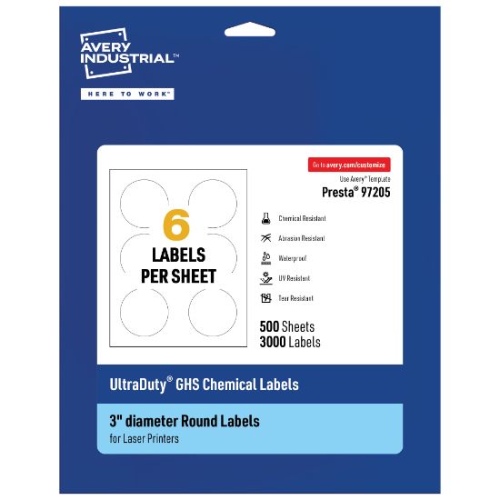 Picture of Avery Ultra Duty Permanent GHS Chemical Labels, 97205-WMU500, Round, 3in Diameter, White, Pack Of 3,000